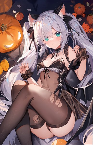 Anime picture 4224x6528 with azur lane janus (azur lane) janus (fright-night scaredy-cat) (azur lane) shanguier single long hair tall image looking at viewer blush fringe highres breasts light erotic sitting twintails animal ears payot absurdres silver hair bent knee (knees)