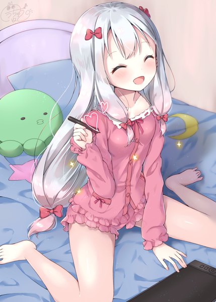 Anime picture 643x900 with eromanga sensei a-1 pictures izumi sagiri uchuuneko single long hair tall image blush fringe open mouth light erotic smile sitting holding payot silver hair indoors eyes closed long sleeves arm support