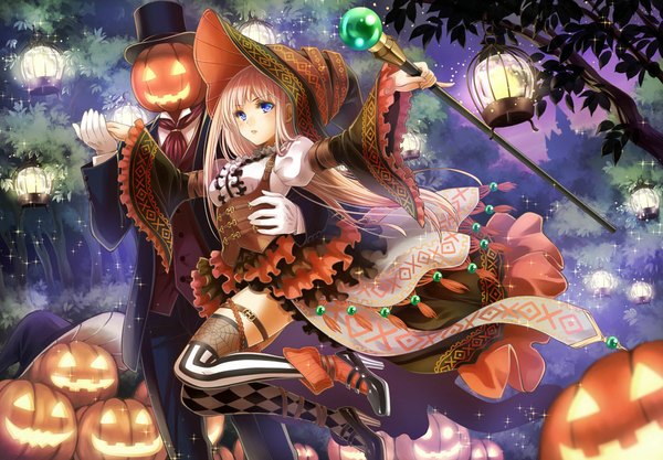 Anime picture 1000x695 with original akisaki rio long hair blue eyes blonde hair night high heels halloween witch girl thighhighs dress plant (plants) hat tree (trees) shoes frills witch hat suit staff