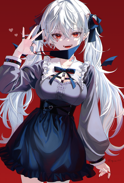 Anime picture 2836x4170 with vocaloid virtual youtuber nijisanji vampire (vocaloid) kuzuha (nijisanji) hana arare single long hair tall image looking at viewer fringe highres breasts open mouth simple background smile hair between eyes red eyes twintails silver hair