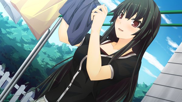 Аниме картинка 1280x720 с natsuiro asagao residence длинные волосы чёрные волосы красные глаза широкое изображение game cg девушка