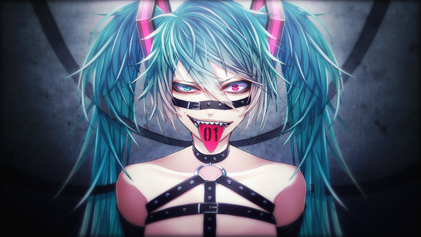 Anime picture 1920x1080 with vocaloid hatsune miku 1055 single long hair looking at viewer fringe highres simple background smile hair between eyes wide image twintails payot upper body pink eyes aqua eyes aqua hair teeth heterochromia