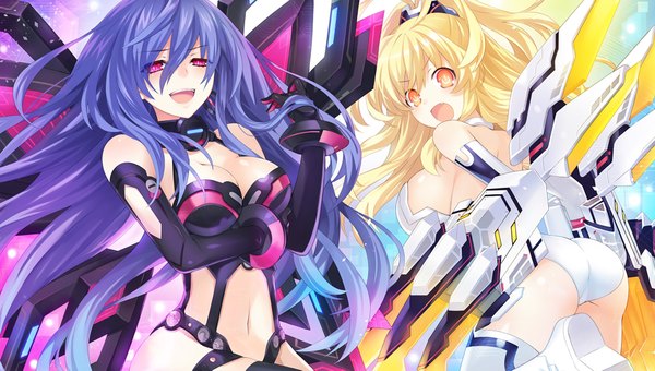 Anime picture 3780x2142 with choujigen game neptune iris heart pururut pish yellow heart tsunako long hair looking at viewer fringe highres breasts open mouth light erotic blonde hair smile hair between eyes wide image large breasts bare shoulders multiple girls