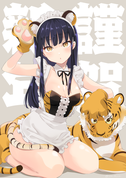 Anime picture 900x1271 with original ica single long hair tall image breasts light erotic sitting animal ears yellow eyes blue hair looking away cleavage tail animal tail :o new year tiger ears tiger tail tiger girl