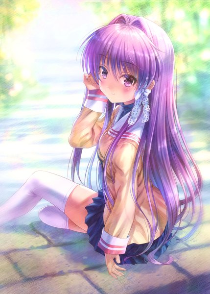 Anime picture 858x1200 with clannad key (studio) fujibayashi kyou goto p single long hair tall image looking at viewer blush fringe smile hair between eyes sitting purple eyes purple hair outdoors long sleeves pleated skirt looking back arm up