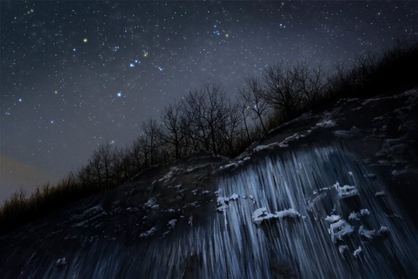 Anime picture 1440x960 with original solafin night night sky no people landscape scenic nature waterfall plant (plants) tree (trees) water star (stars) cliff