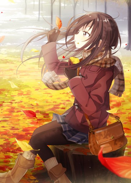 Anime picture 900x1253 with original boyano single long hair tall image brown hair sitting holding brown eyes looking away outdoors profile pleated skirt wind food on face girl skirt gloves plant (plants) miniskirt