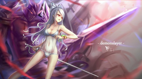 Anime picture 1300x731 with dungeon and fighter wangchuan de quanyan single long hair breasts light erotic red eyes wide image bare shoulders looking away cleavage grey hair inscription demon lowleg girl navel underwear panties weapon