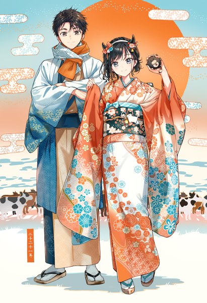 Anime picture 895x1306 with masamune-kun no revenge silver link adagaki aki makabe masamune tiv tall image looking at viewer blush fringe short hair black hair standing holding brown eyes full body traditional clothes japanese clothes black eyes wide sleeves grey eyes