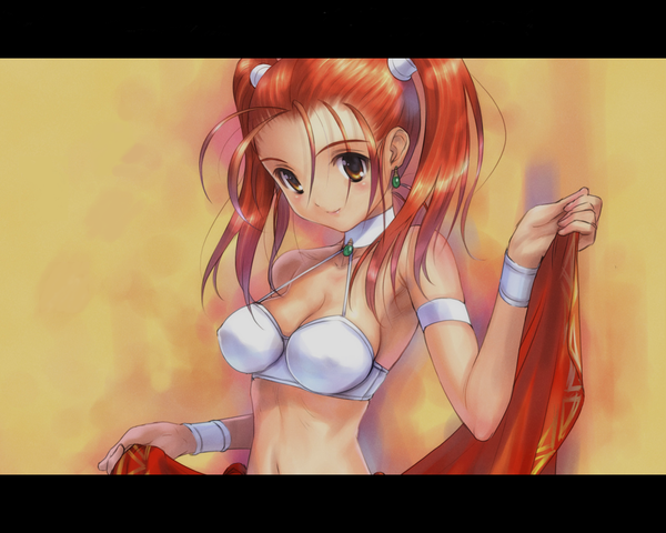 Anime picture 1280x1024 with dragon quest viii jessica albert goto p blush twintails yellow eyes light smile orange hair navel earrings choker bracelet lingerie bra white bra wristlet