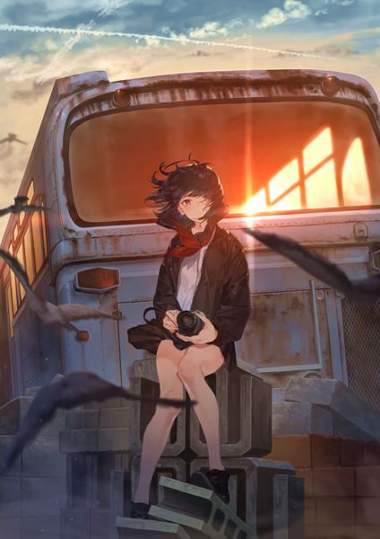Anime picture 1414x2000 with original hotosoka (user nxja5583) single tall image looking at viewer blush fringe short hair black hair sitting holding sky cloud (clouds) full body bent knee (knees) outdoors wind sunlight hair over one eye open jacket
