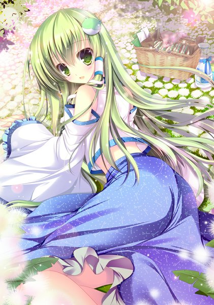Anime picture 702x1000 with touhou kochiya sanae shirogane hina single long hair tall image looking at viewer blush open mouth green eyes green hair girl dress hair ornament flower (flowers) detached sleeves hair tubes basket