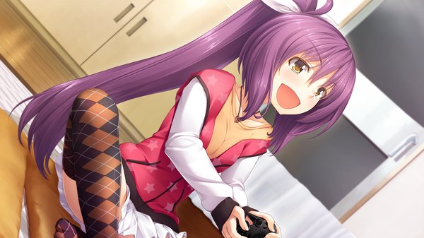 Anime picture 1280x720 with gleam garden no shoujo asahina chitose char single long hair open mouth wide image yellow eyes game cg purple hair ponytail girl thighhighs dress
