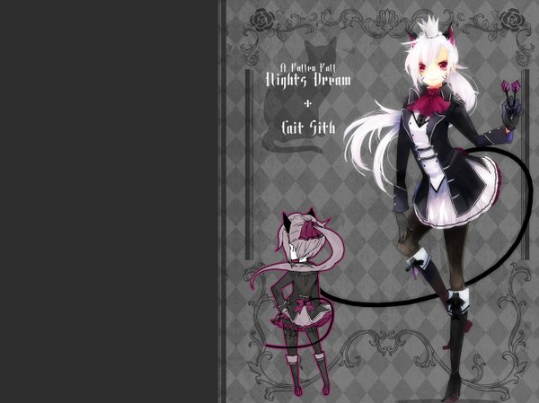 Anime picture 1335x1000 with final fantasy vii cait sith yuukichi long hair looking at viewer standing animal ears silver hair white hair ponytail pink eyes light smile from behind cat ears grey background cat tail back dual persona silhouette rhombus