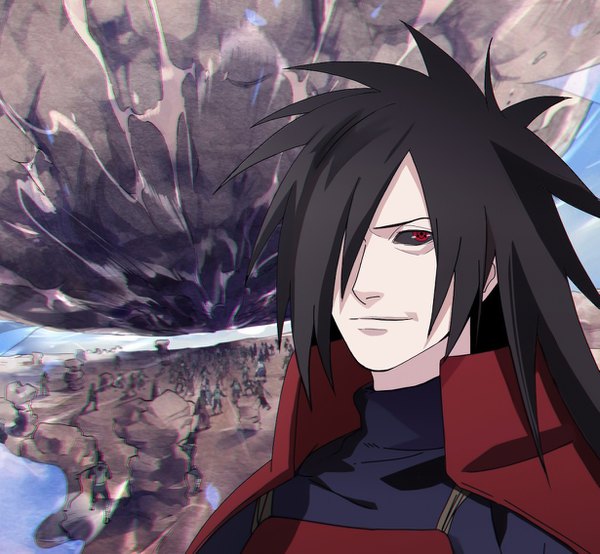 Anime picture 1229x1135 with naruto studio pierrot naruto (series) uchiha madara long hair black hair smile red eyes spiked hair smirk sharingan black sclera boy armor meteorite