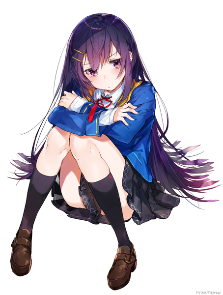 Anime picture 903x1193 with original mika pikazo single long hair tall image looking at viewer blush fringe light erotic simple background white background sitting purple eyes signed purple hair full body pleated skirt crossed arms knees together feet apart :<