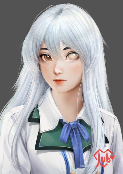 Anime picture 1920x2716 with original cecilia (acerailgun) jubi (regiana) single long hair tall image looking at viewer fringe highres brown eyes yellow eyes white hair realistic grey background lipstick heterochromia portrait expressionless borrowed character girl
