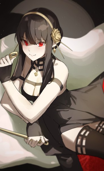 Anime picture 2142x3508 with spy x family yor briar star741 single long hair tall image looking at viewer fringe highres breasts black hair smile hair between eyes red eyes bare shoulders holding payot cleavage hair flower from above