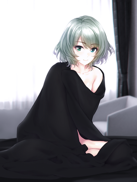 Anime picture 900x1189 with idolmaster idolmaster cinderella girls takagaki kaede infinote single tall image looking at viewer short hair light erotic smile silver hair light smile heterochromia girl blanket