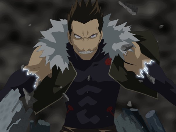 Anime picture 2000x1500 with fullmetal alchemist studio bones greed flo94cody single looking at viewer highres short hair brown hair purple eyes upper body from above teeth fur trim grin magic dark background muscle angry sharp teeth