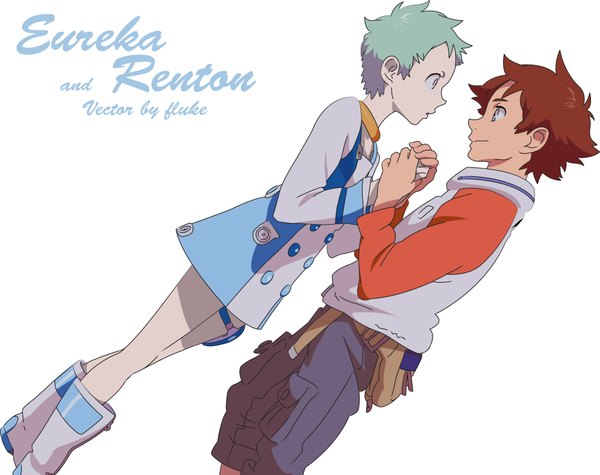 Anime picture 2006x1590 with eureka seven studio bones eureka renton thurston highres short hair simple background smile brown hair white background profile aqua hair inscription couple holding hands vector girl boy boots