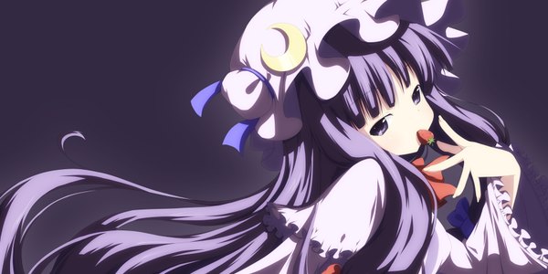 Anime picture 1736x868 with touhou patchouli knowledge yuzuki kei single long hair highres wide image purple eyes purple hair crescent girl hat food berry (berries) strawberry