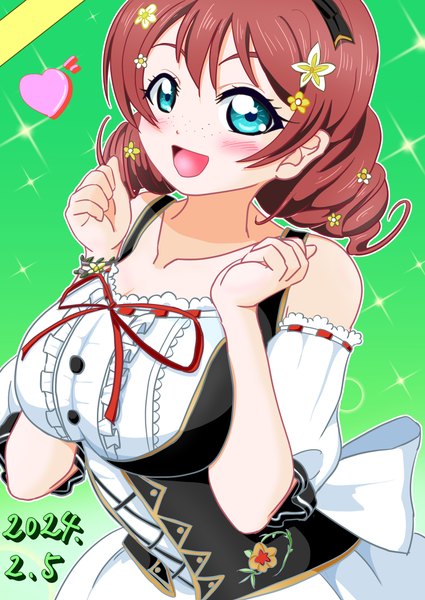 Anime picture 4299x6071 with love live! nijigasaki high school idol club sunrise (studio) love live! emma verde makotama777 single tall image looking at viewer blush fringe highres short hair breasts open mouth simple background smile hair between eyes brown hair large breasts twintails