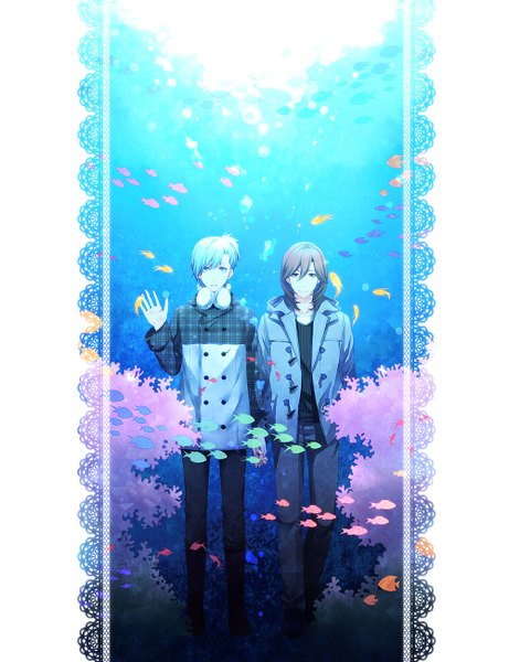Anime picture 1000x1300 with uta no prince-sama a-1 pictures mikaze ai kotobuki reiji aprcmnk long hair tall image looking at viewer short hair brown hair standing yellow eyes aqua eyes light smile aqua hair open clothes open jacket multiple boys couple holding hands