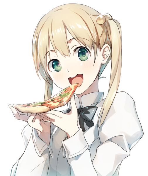 Anime picture 700x831 with katawa shoujo ibarazaki emi weee (raemz) single long hair tall image blush fringe open mouth simple background blonde hair white background twintails looking away :d eating girl food bowtie hair tie