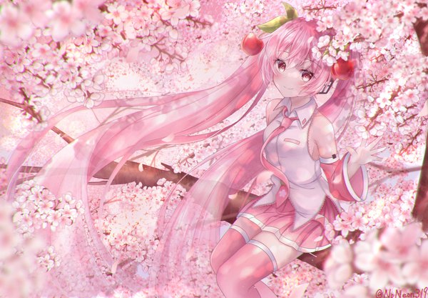 Anime picture 4096x2849 with vocaloid hatsune miku sakura miku noneon319 single looking at viewer blush highres smile sitting twintails signed pink hair absurdres very long hair pink eyes from above twitter username cherry blossoms spring
