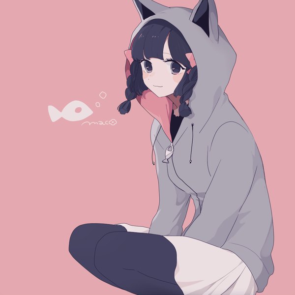 Anime picture 1011x1011 with original maco22 single looking at viewer blush fringe short hair black hair simple background smile signed blunt bangs braid (braids) black eyes twin braids squat pink background between legs animal hood girl