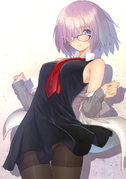 Anime picture 4901x6956 with fate (series) fate/grand order mash kyrielight tony taka single tall image looking at viewer blush fringe highres short hair breasts standing purple eyes pink hair absurdres light smile wind scan hair over one eye