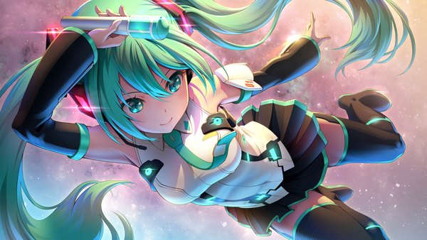 Anime picture 1920x1080 with vocaloid hatsune miku pinakes single blush fringe highres smile hair between eyes wide image twintails holding green eyes payot bent knee (knees) very long hair pleated skirt arm up green hair wide sleeves