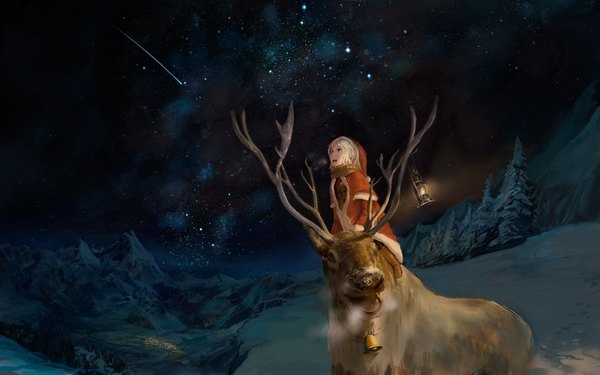 Anime picture 1900x1188 with original you shimizu single highres open mouth wide image holding sky white hair horn (horns) light christmas looking up winter snow mountain exhalation shooting star milky way girl