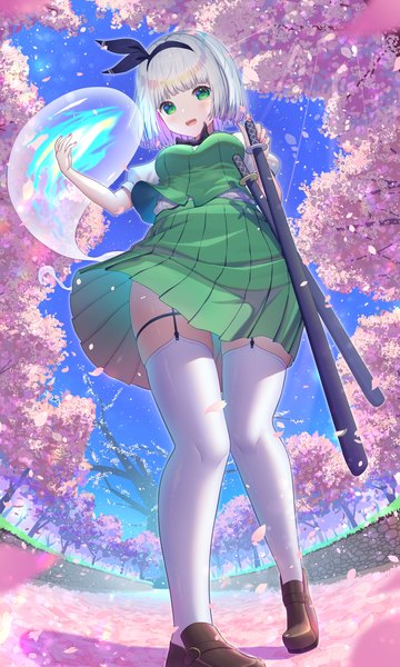 Anime picture 1260x2100 with touhou konpaku youmu myon kiramarukou single tall image looking at viewer short hair green eyes sky silver hair pleated skirt from below cherry blossoms sheathed spring girl thighhighs skirt ribbon (ribbons)