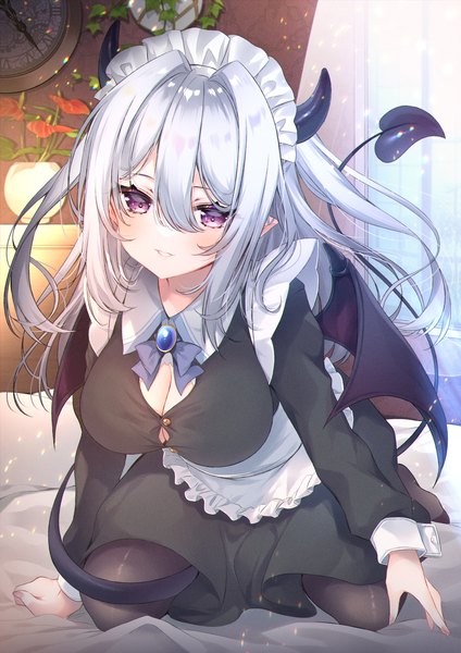 Anime picture 1488x2104 with original ko yu single long hair tall image looking at viewer blush fringe breasts light erotic hair between eyes large breasts sitting purple eyes payot silver hair full body indoors tail horn (horns)