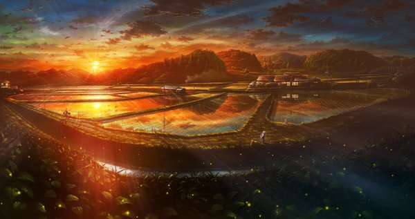 Anime picture 3374x1787 with original kashi takahisa highres brown hair wide image sky cloud (clouds) grey hair sunlight evening sunset landscape scenic field plant (plants) animal water boots headdress bird (birds)