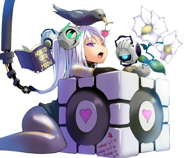 Anime picture 1324x1130 with portal weighted companion cube glados atahuta open mouth white hair heterochromia science fiction girl flower (flowers) animal heart bird (birds) book (books) robot cube