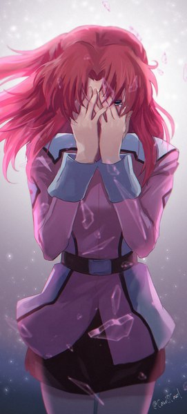 Anime picture 677x1500 with mobile suit gundam gundam seed sunrise (studio) flay allster yuuka seisen single long hair tall image looking at viewer blue eyes standing red hair tears covering covering face girl uniform military uniform sleeve cuffs debris