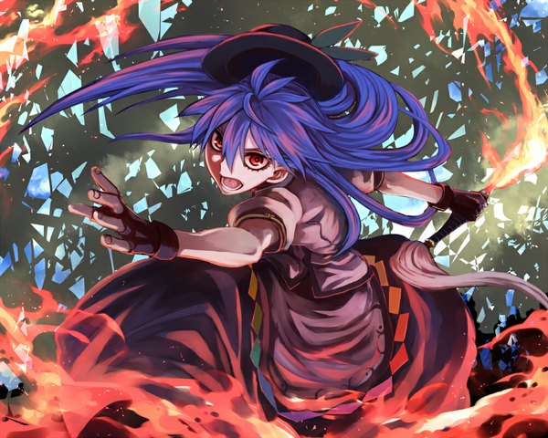 Anime picture 1000x800 with touhou hinanawi tenshi hinomoto madoka single long hair looking at viewer open mouth red eyes blue hair spread arms girl dress weapon hat sword fingerless gloves fire flame hisou no tsurugi
