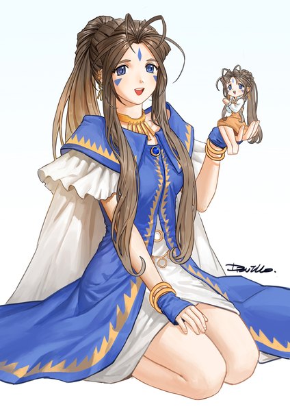 Anime picture 2480x3508 with aa megami-sama anime international company belldandy devillo long hair tall image looking at viewer highres open mouth blue eyes simple background smile brown hair white background multiple girls holding signed payot ahoge ponytail