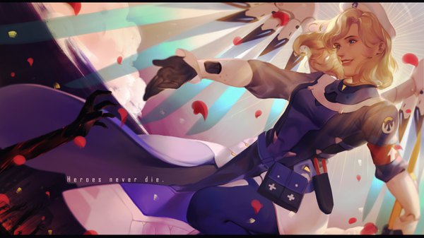Anime picture 2732x1536 with overwatch blizzard entertainment mercy (overwatch) combat medic ziegler fe (sakura) single highres short hair blue eyes blonde hair smile wide image text letterboxed english outstretched hand mechanical wings girl petals wings