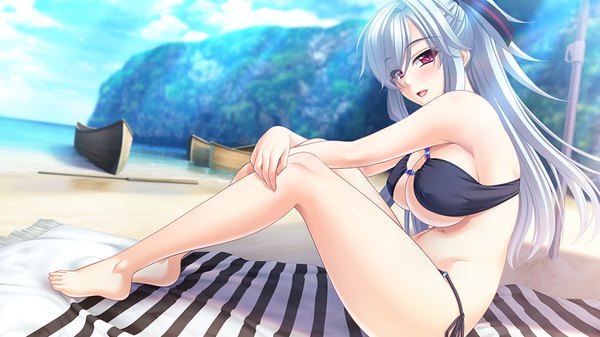 Anime picture 1024x576 with silicon magic phi (silicon magic) long hair breasts light erotic red eyes wide image large breasts game cg silver hair girl swimsuit bikini