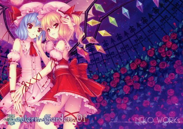 Anime picture 5026x3531 with touhou flandre scarlet remilia scarlet sayori highres short hair blonde hair red eyes multiple girls blue hair absurdres nail polish night loli one side up girl dress skirt flower (flowers) 2 girls