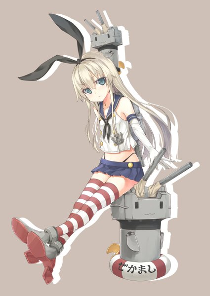 Anime picture 1000x1412 with kantai collection shimakaze destroyer rensouhou-chan ochikochi (totika) single long hair tall image looking at viewer blue eyes simple background white hair grey background girl thighhighs gloves bow weapon hair bow miniskirt elbow gloves