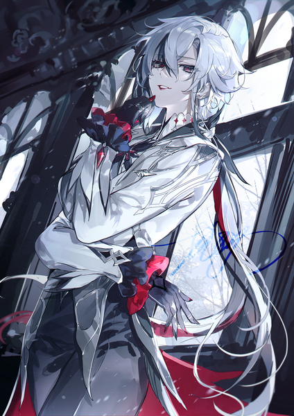 Anime picture 1240x1754 with genshin impact arlecchino (genshin impact) mors gn single long hair tall image looking at viewer fringe hair between eyes silver hair indoors from below lipstick low ponytail red lipstick girl gloves black gloves window