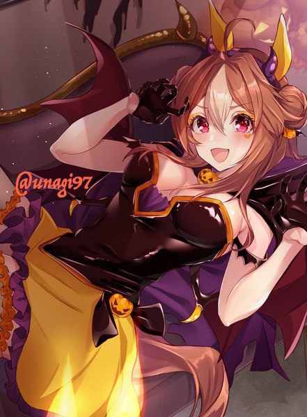 Anime picture 3281x4469 with umamusume copano rickey (umamusume) sodemaru unagi single long hair tall image fringe highres breasts open mouth light erotic hair between eyes brown hair signed animal ears absurdres cleavage ahoge tail :d