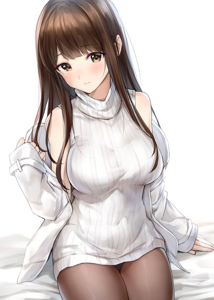 Anime picture 778x1088 with original takeashiro single long hair tall image looking at viewer blush fringe breasts simple background brown hair white background sitting bare shoulders brown eyes light smile open jacket girl pantyhose jacket