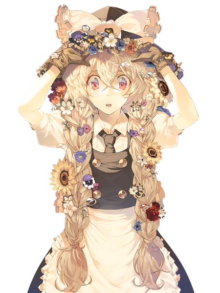 Anime picture 725x966 with touhou kirisame marisa pig ggul single long hair tall image fringe open mouth blonde hair hair between eyes red eyes standing braid (braids) hair flower arms up short sleeves puffy sleeves twin braids alternate hairstyle transparent background