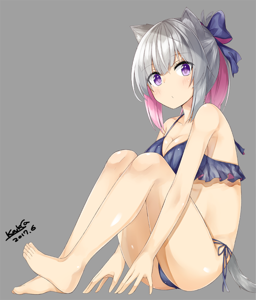 Anime picture 801x938 with original kavka single tall image looking at viewer fringe short hair light erotic simple background sitting purple eyes signed animal ears payot pink hair full body bent knee (knees) ponytail tail animal tail